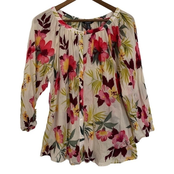 Chaps Multicolor Tropical Button Down Flowy Top 3/4 Sleeve XLP - Picture 2 of 10
